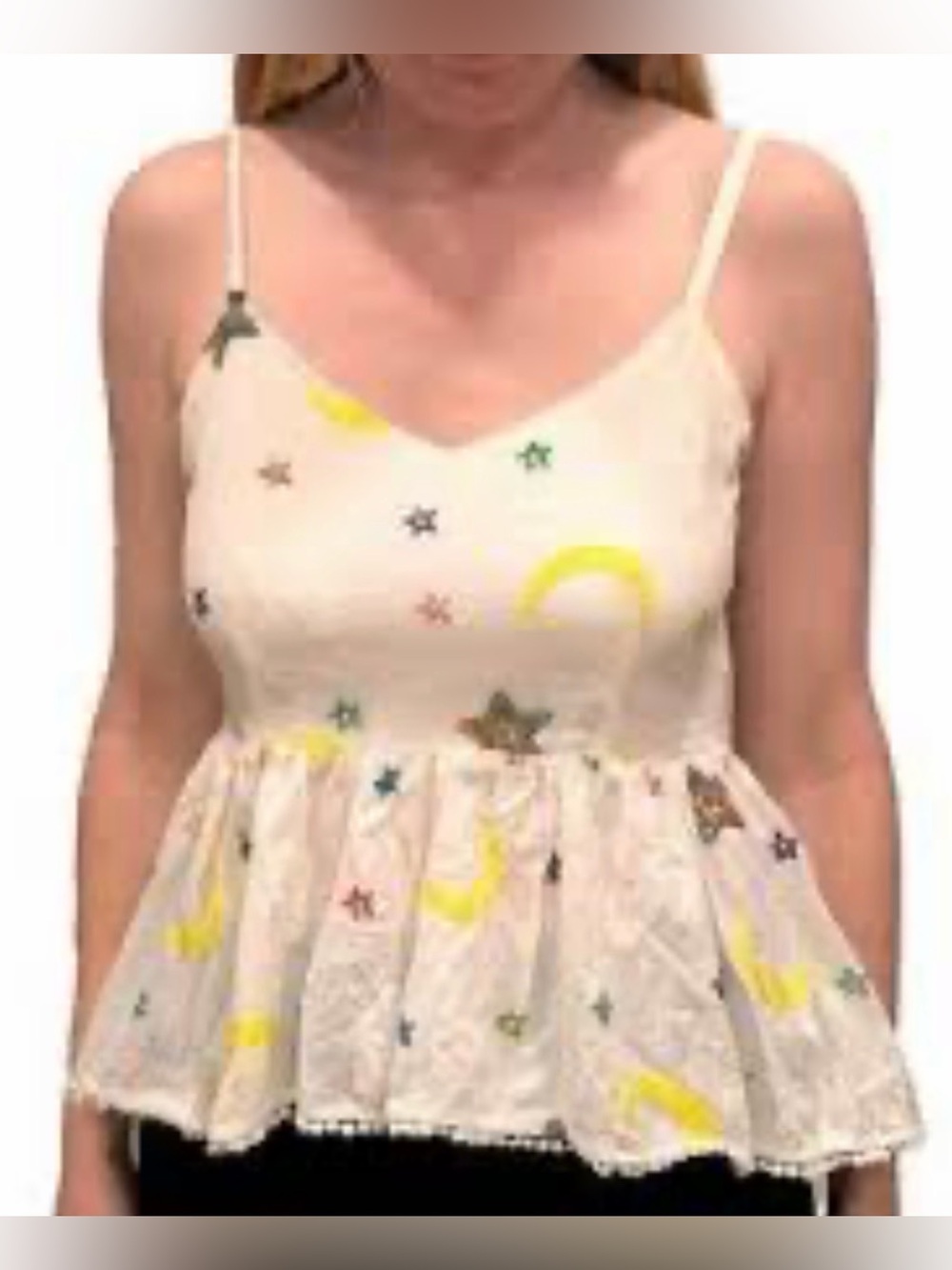 ELLISON Moon and Stars Embroidered Cotton Babydoll Tank Top - Large